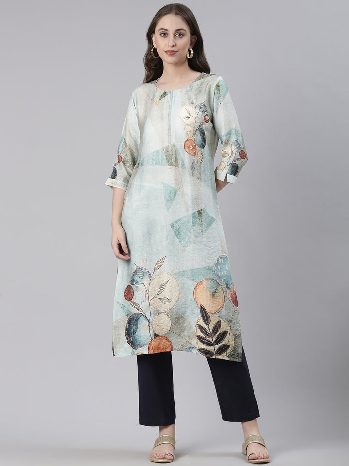 Neerus Sea Green Casual Geometric Straight Kurtas