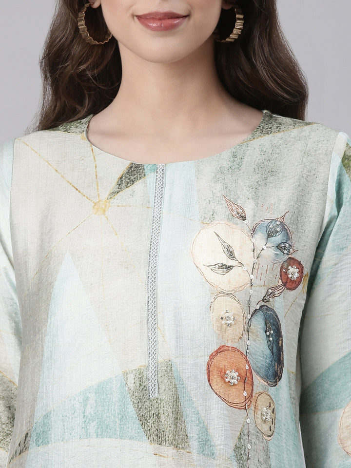 Neerus Sea Green Casual Geometric Straight Kurtas