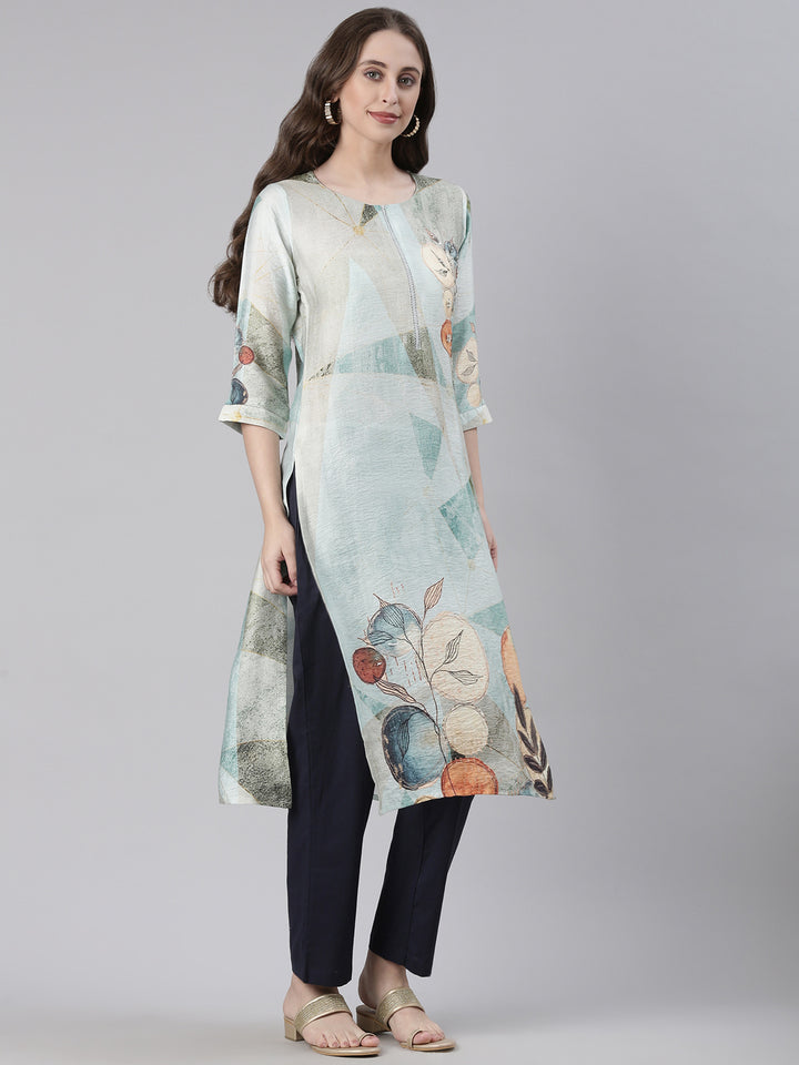 Neerus Sea Green Casual Geometric Straight Kurtas