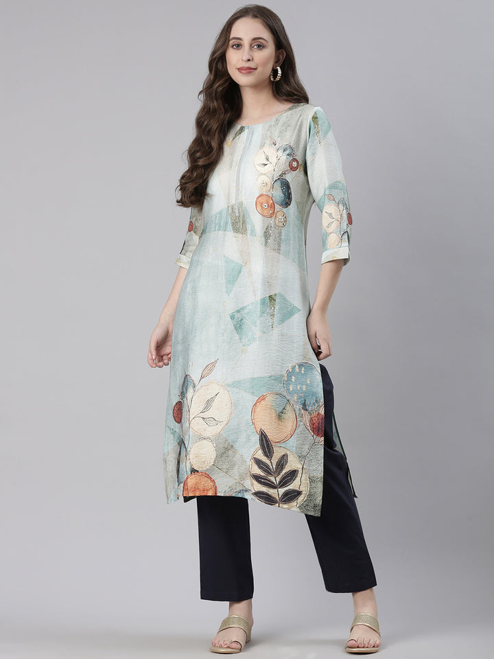 Neerus Sea Green Casual Geometric Straight Kurtas