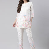 Neerus White Casual Printed Kurti with Trousers