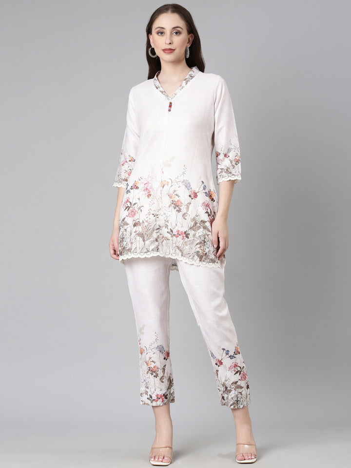 Neerus Cream Casual Solid Kurti with Trousers