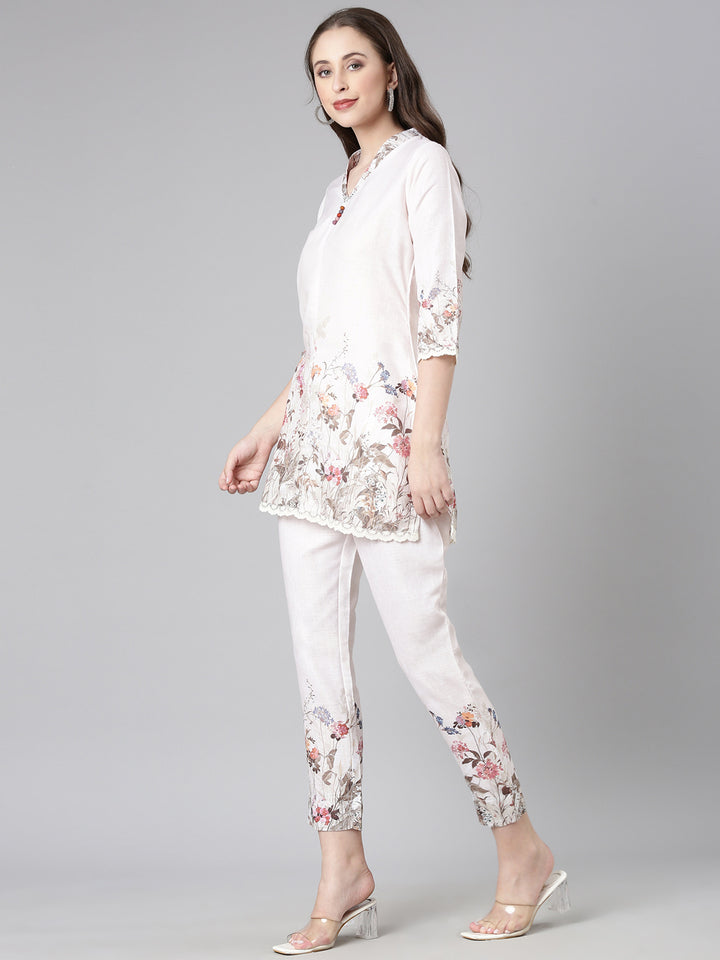 Neerus Cream Casual Solid Kurti with Trousers