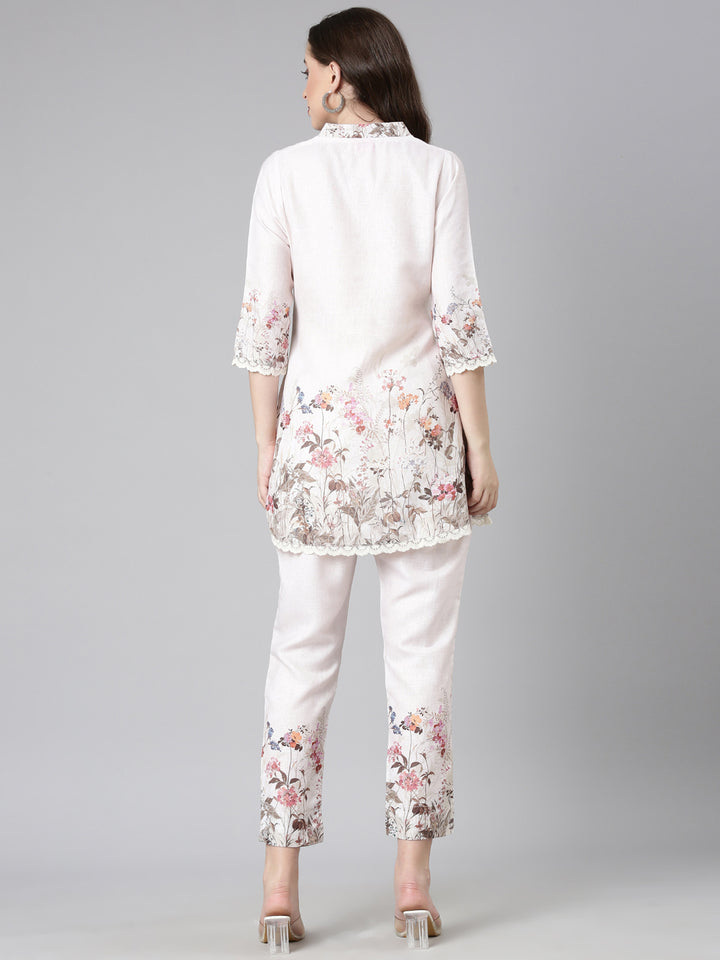 Neerus Cream Casual Solid Kurti with Trousers