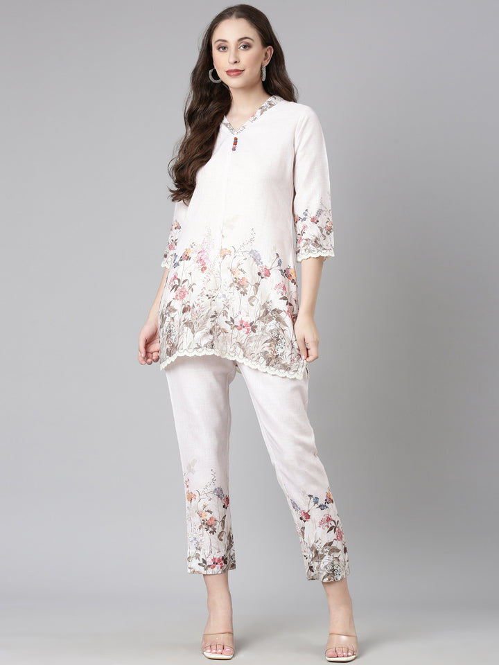 Neerus Cream Casual Solid Kurti with Trousers