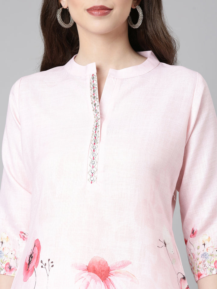 Neerus Pink Casual Solid Kurti with Trousers