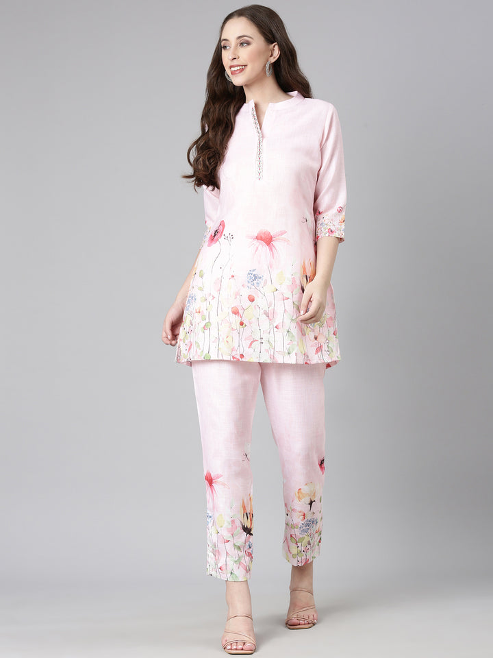 Neerus Pink Casual Solid Kurti with Trousers