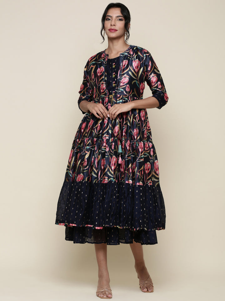Black Silk Floral Printed Jacket and Gown set
