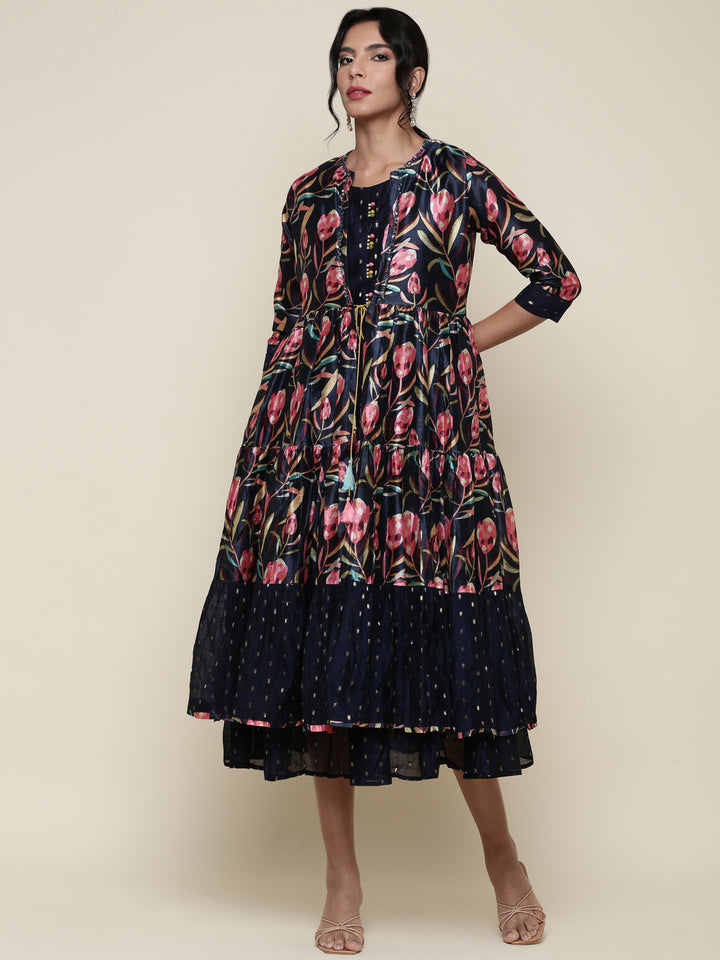 Black Silk Floral Printed Jacket and Gown set