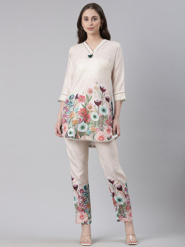 Neerus Cream Casual Printed Kurti with Trousers