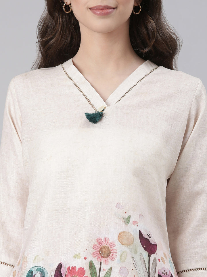 Neerus Cream Casual Printed Kurti with Trousers