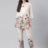 Neerus Cream Casual Printed Kurti with Trousers
