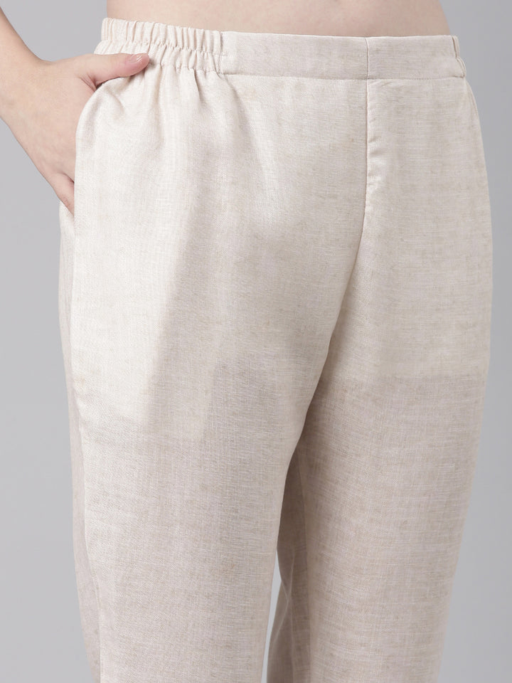 Neerus Cream Casual Printed Kurti with Trousers