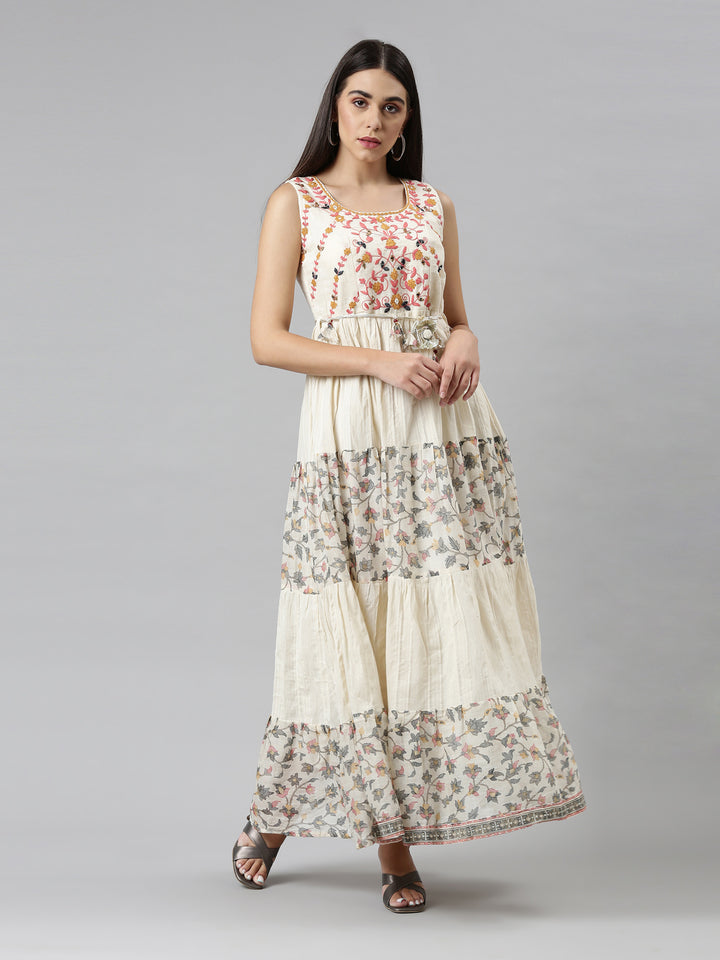 Neerus Cream Color Cotton Fabric Dress