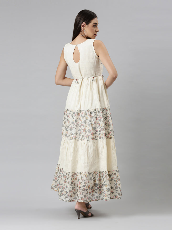 Neerus Cream Color Cotton Fabric Dress