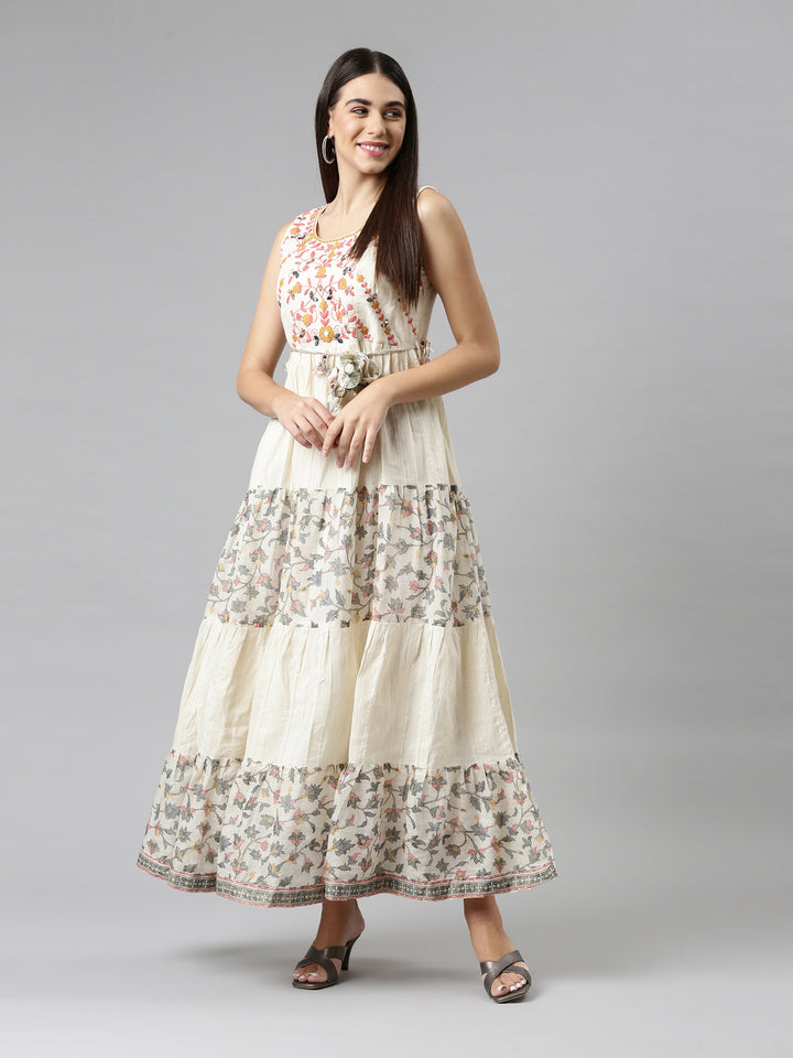 Neerus Cream Color Cotton Fabric Dress