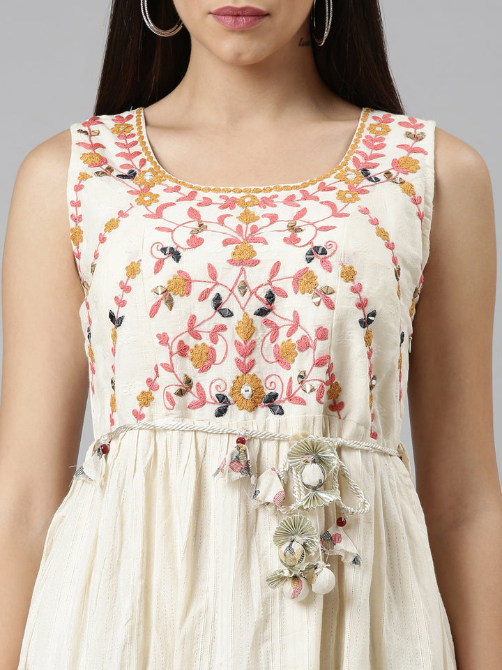 Neerus Cream Color Cotton Fabric Dress