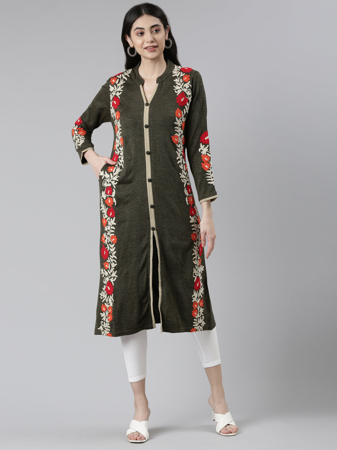 Neerus Green rayon floral printed kurti - front view