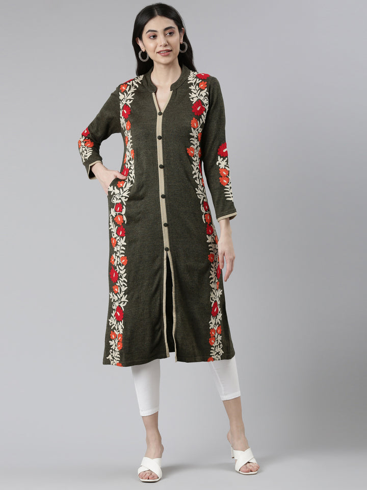 Neerus Green rayon floral printed kurti - front view