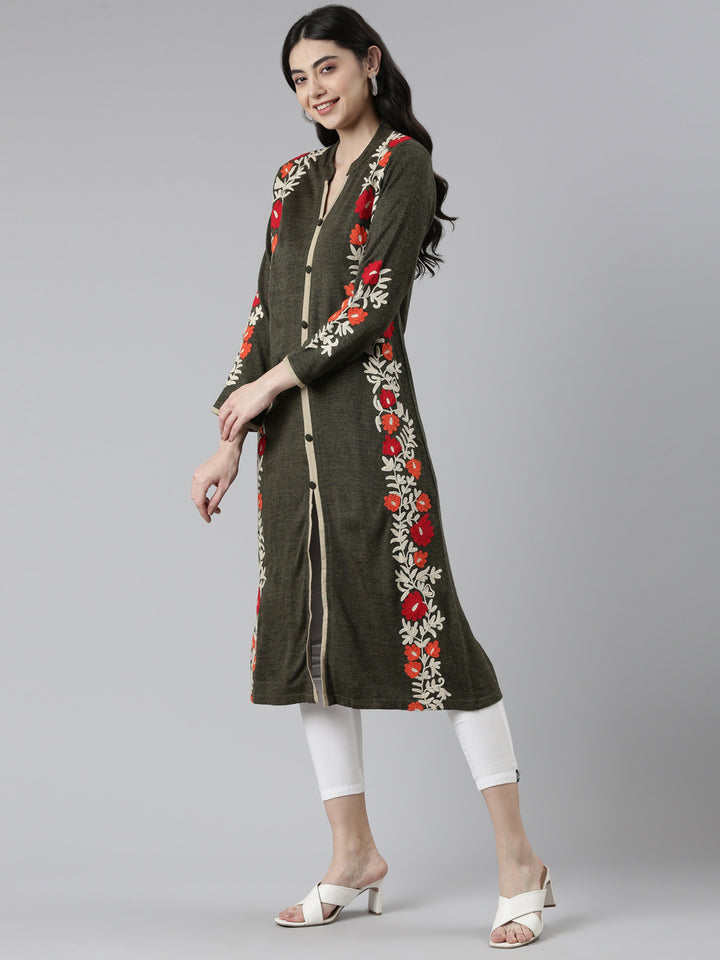 Neerus Green rayon floral printed kurti - back view