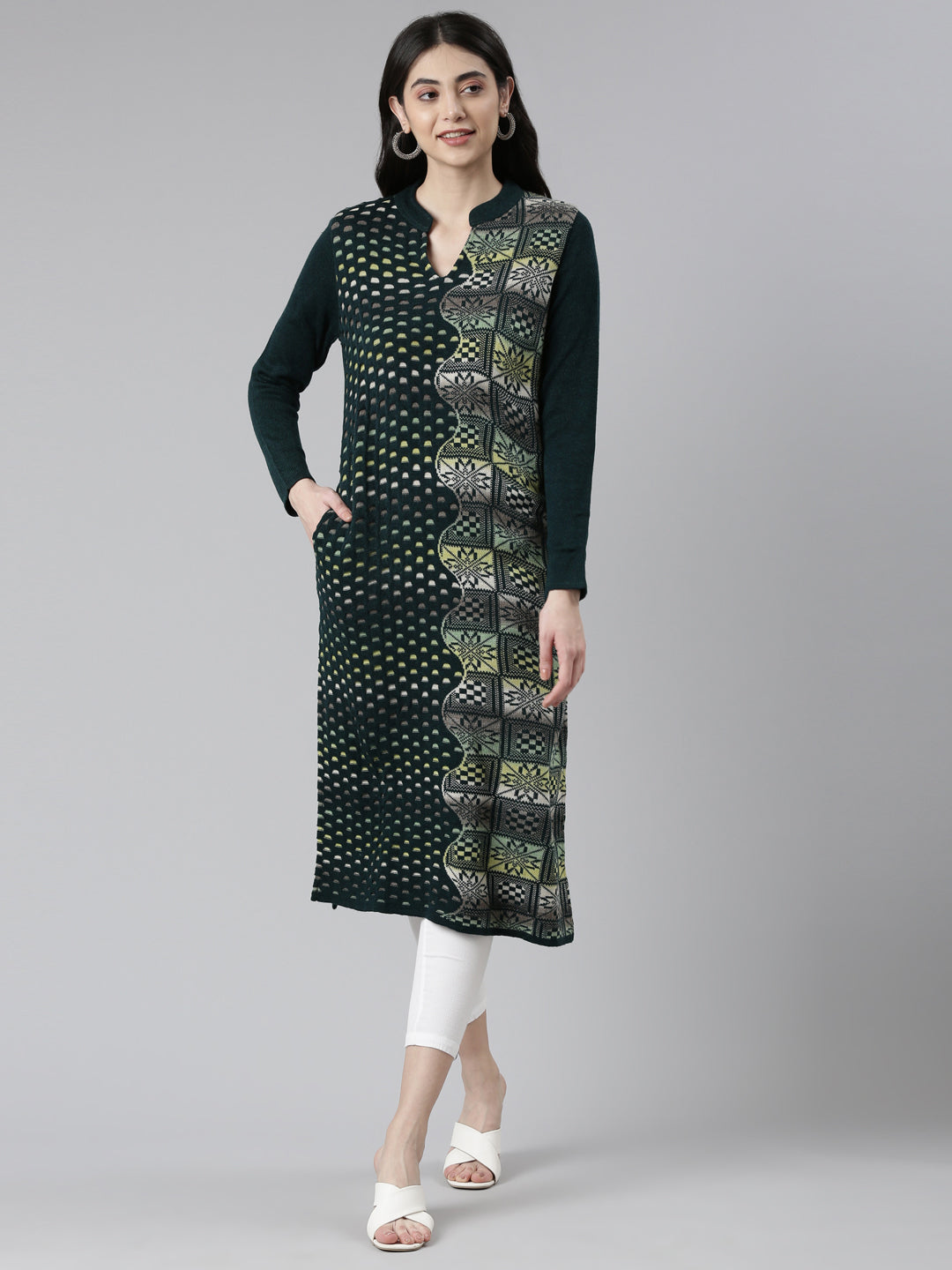 Neerus Multi rayon printed straight kurti - front view