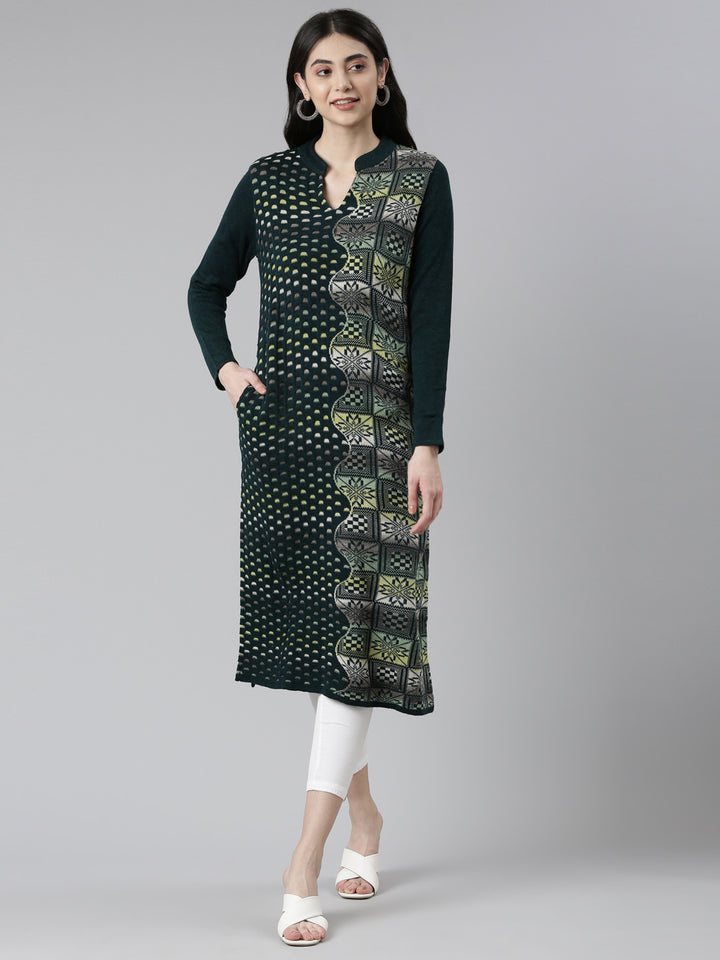 Neerus Multi rayon printed straight kurti - front view
