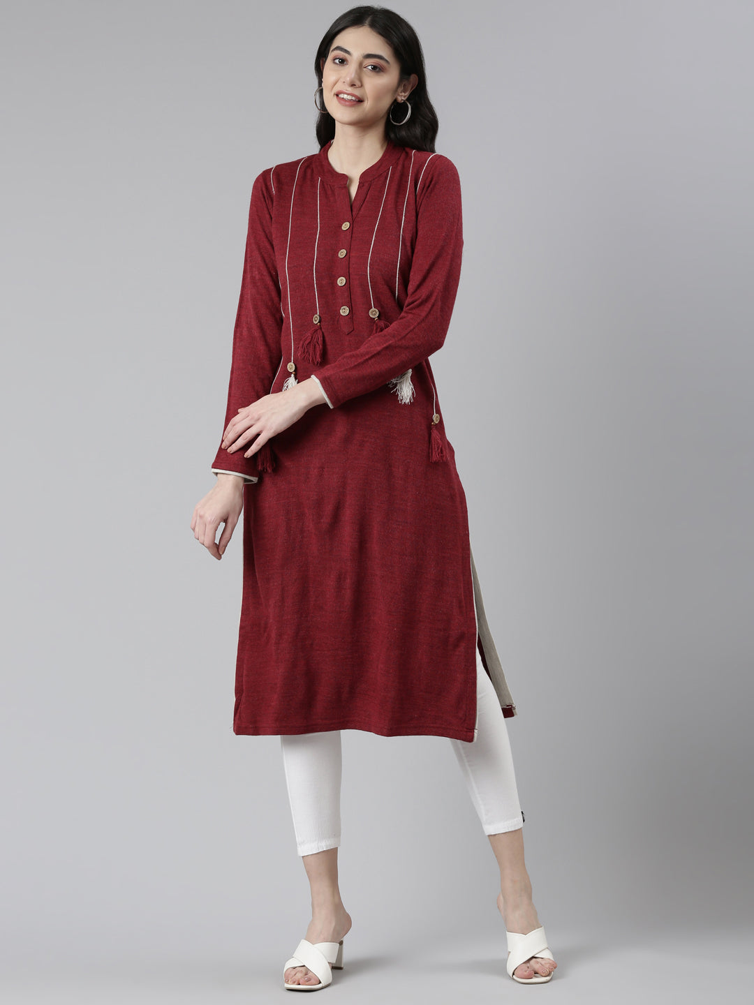 Neerus Maroon cotton printed straight kurti - front view