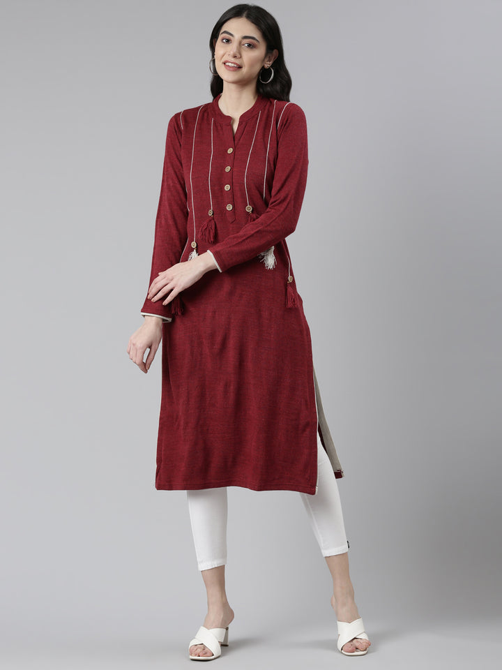 Neerus Maroon cotton printed straight kurti - front view
