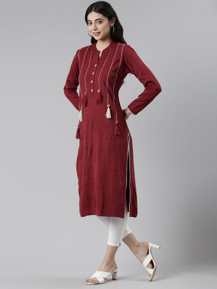 Neerus Maroon cotton printed straight kurti - back view
