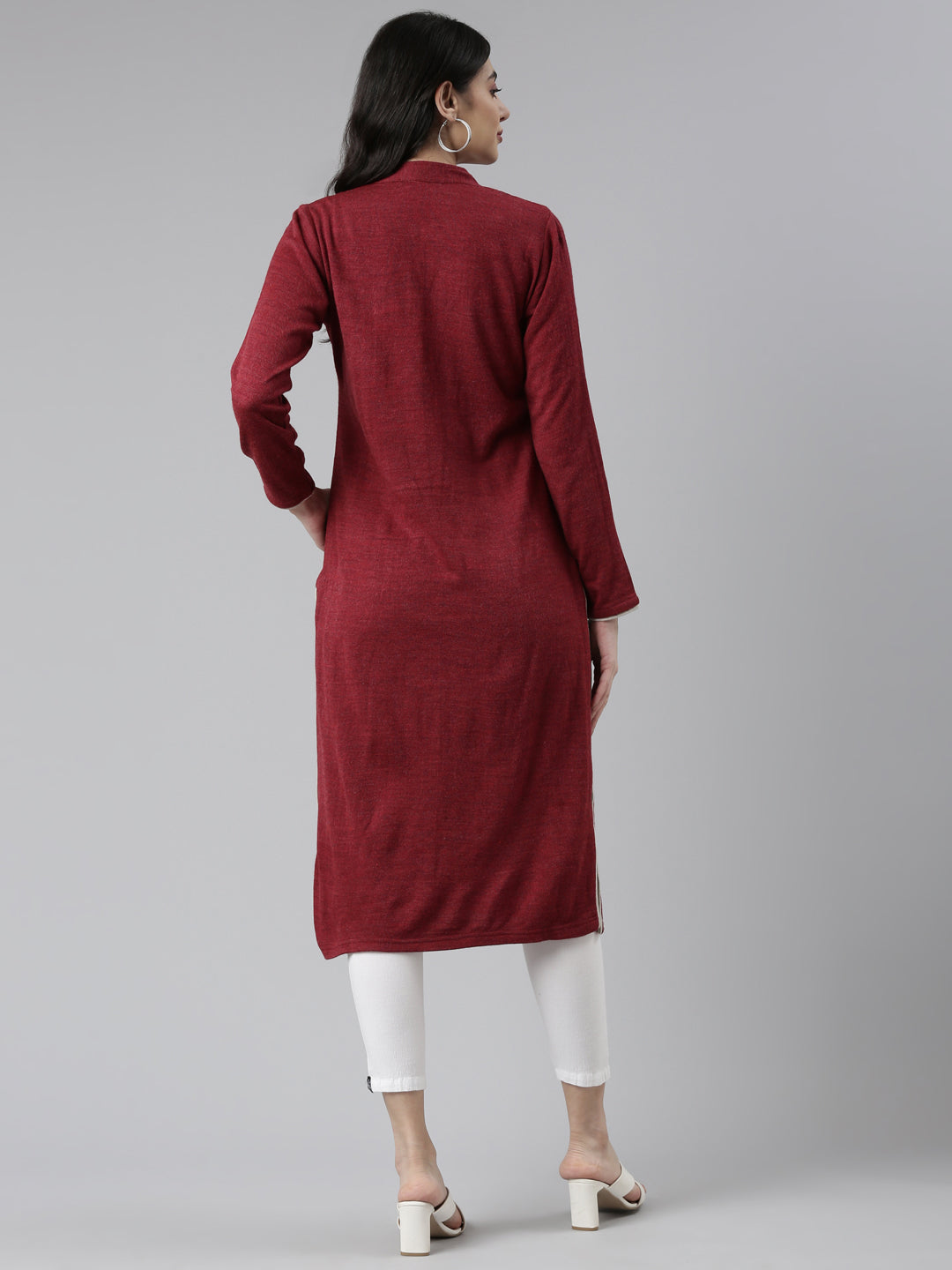 Neerus Maroon cotton printed straight kurti - side view