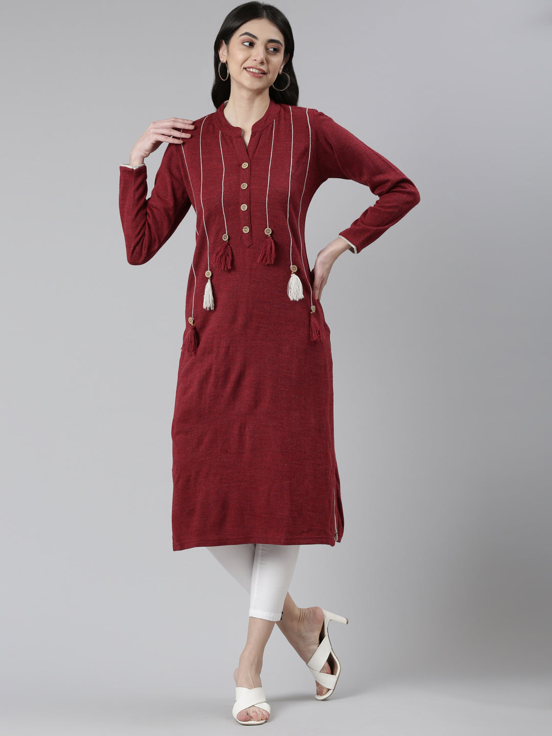 Neerus Maroon cotton printed straight kurti - detail view 2