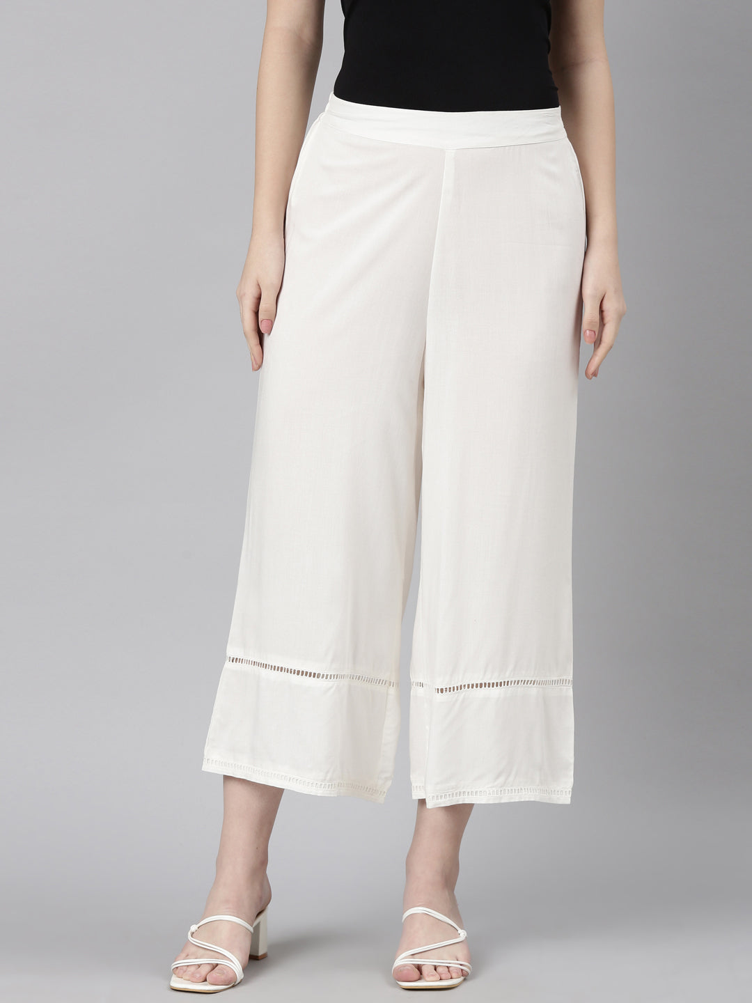Neerus White rayon solid palazzo bottom - front view