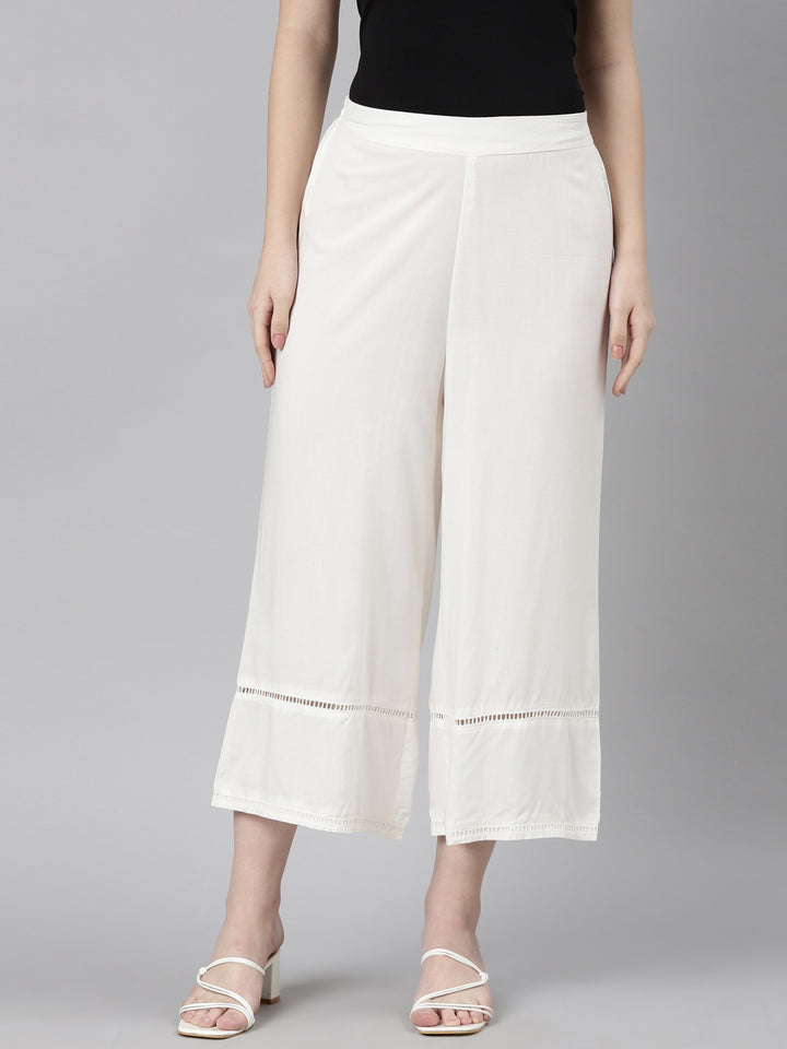 Neerus White rayon solid palazzo bottom - front view