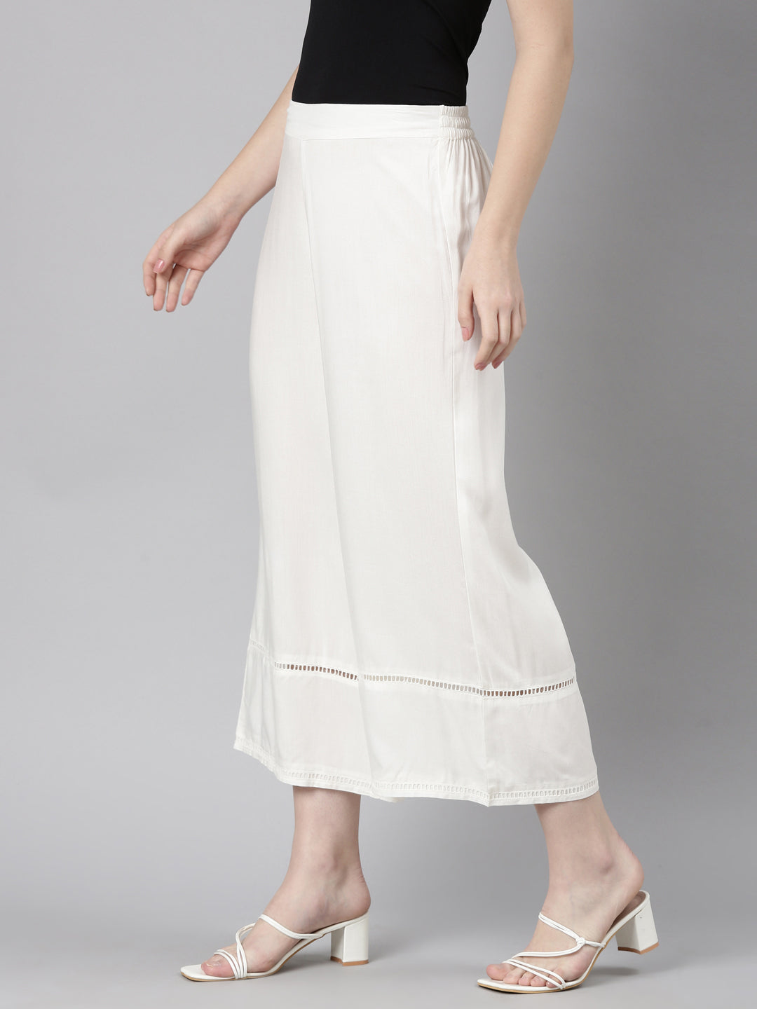 Neerus White rayon solid palazzo bottom - back view
