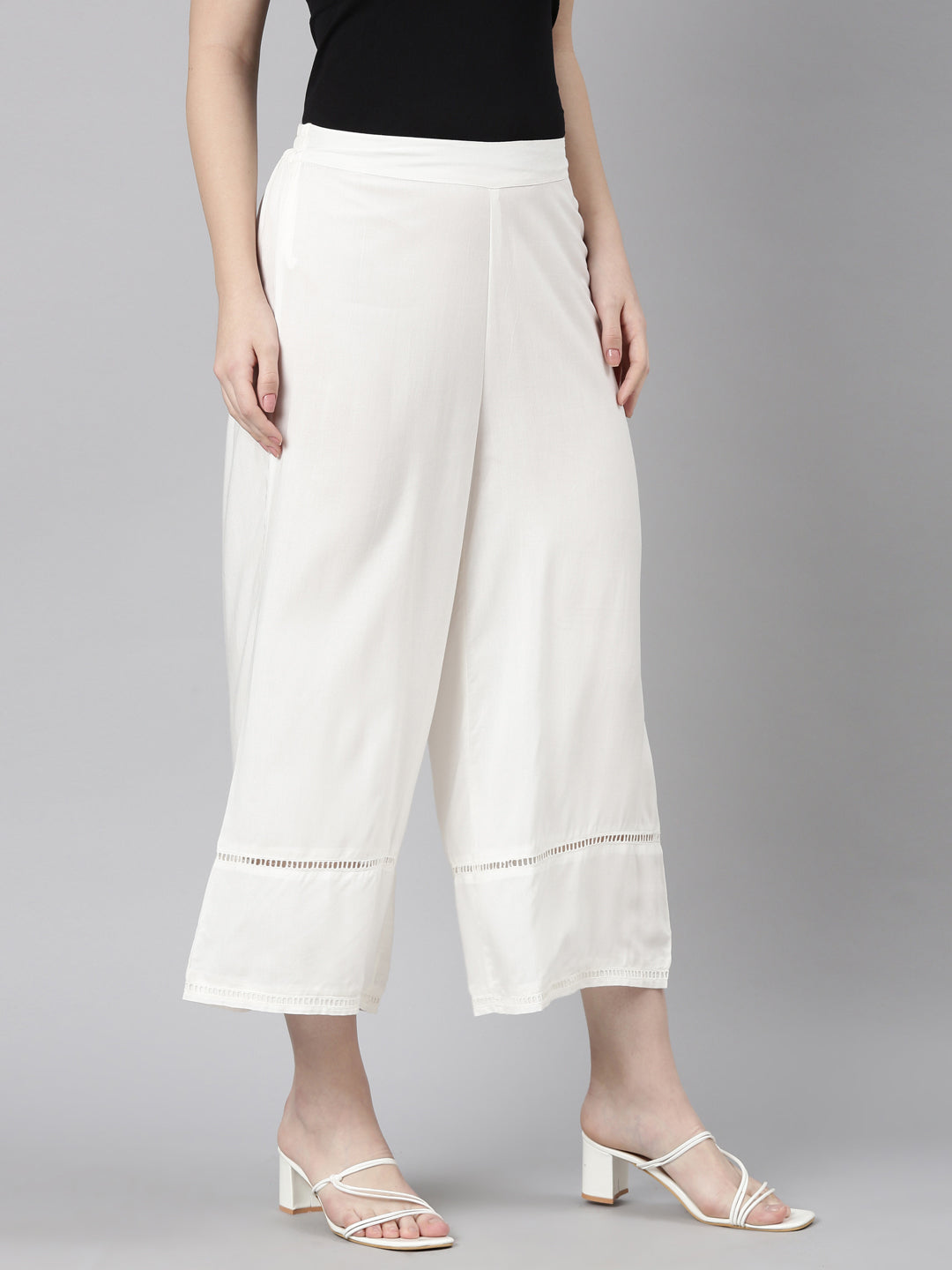 Neerus White rayon solid palazzo bottom - side view