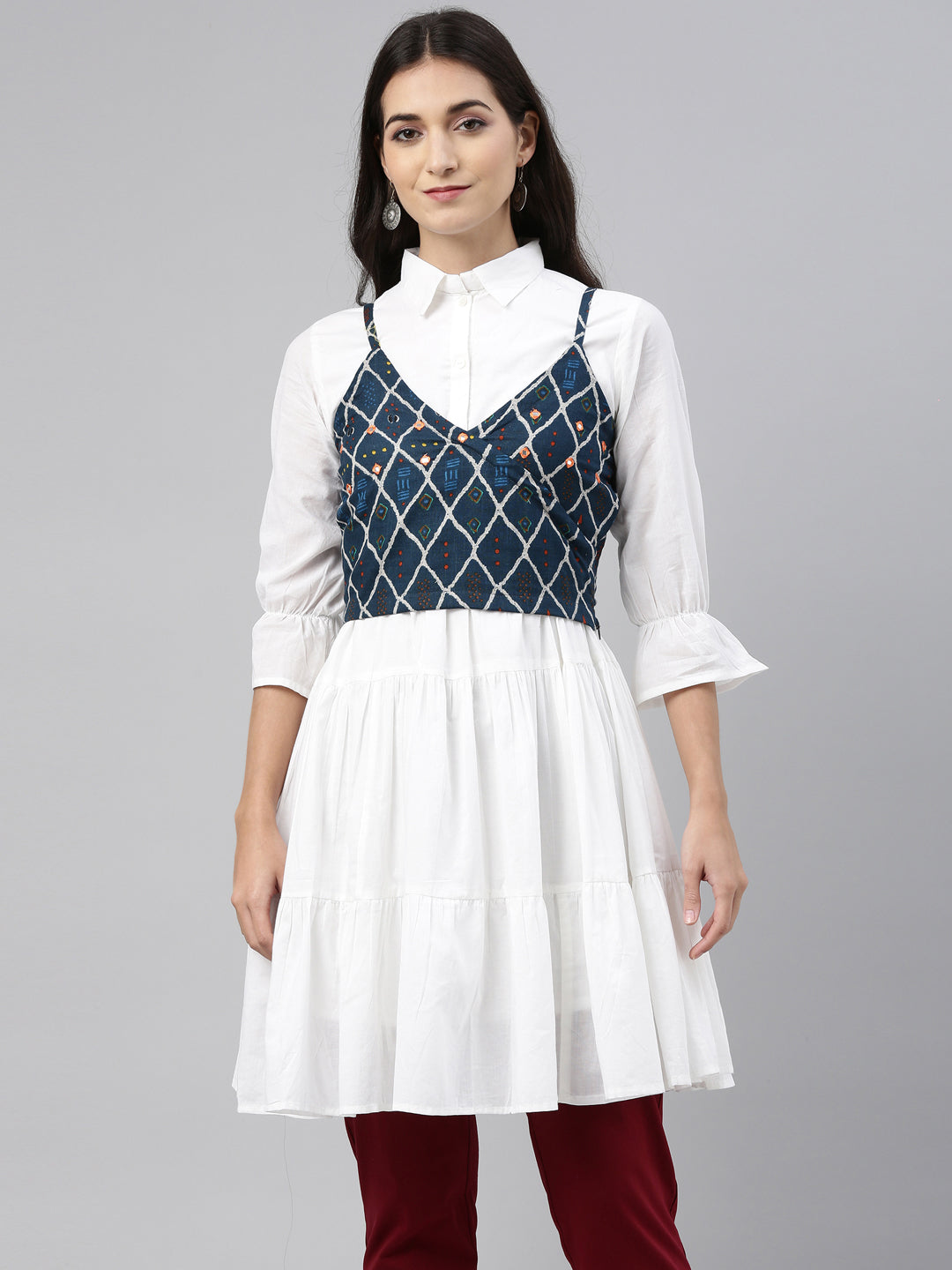 Neerus White cotton shirt style kurti - detail view 7