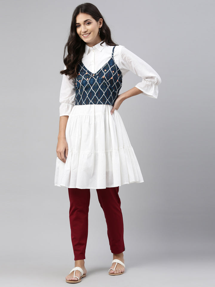 Neerus White cotton shirt style kurti - front view