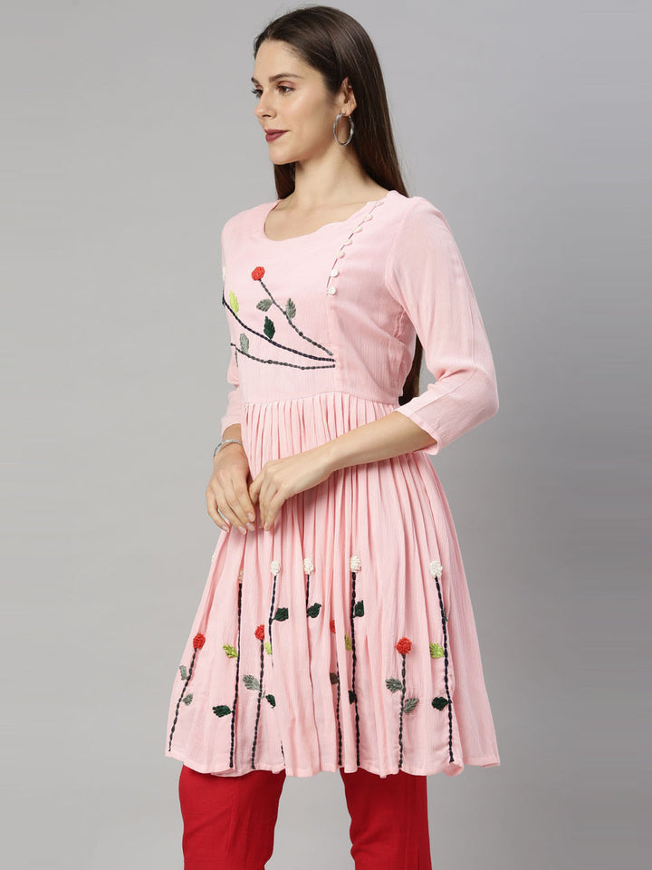 Neerus Pink Embroidered Thread Work Thread Work Empire Kurti