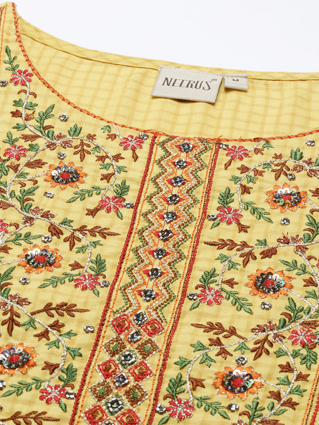 Neerus Women Yellow Red Floral Yoke Design Thread Work Floral Kurta