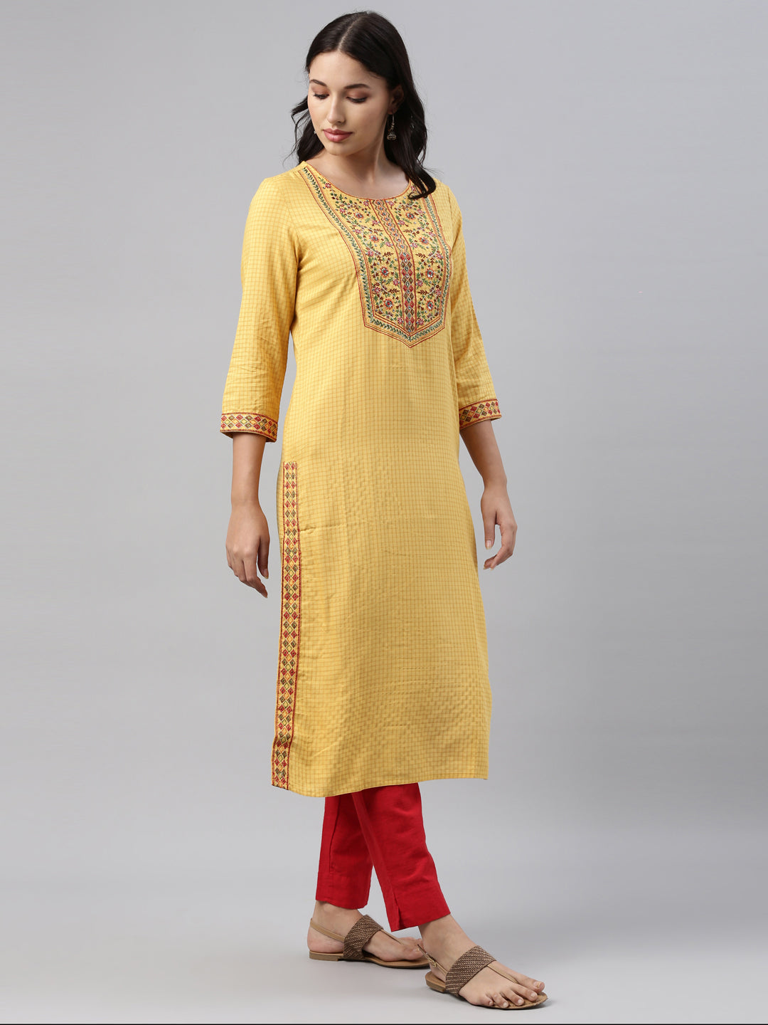 Neerus Women Yellow Red Floral Yoke Design Thread Work Floral Kurta