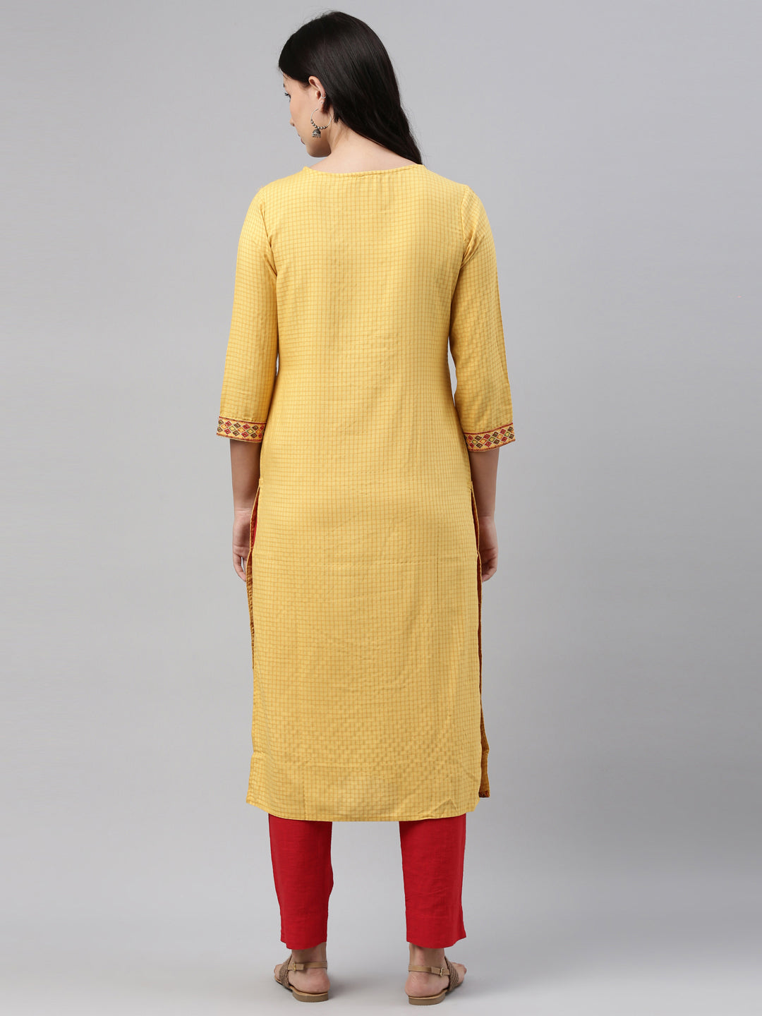 Neerus Women Yellow Red Floral Yoke Design Thread Work Floral Kurta