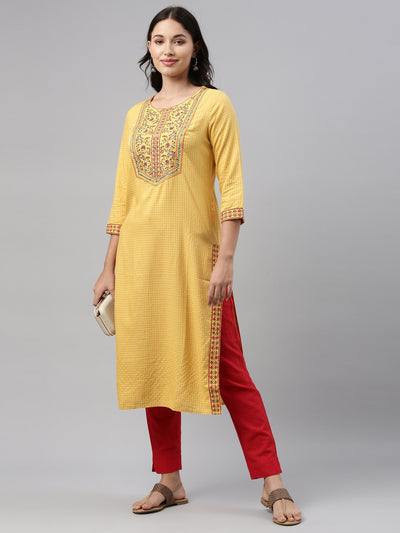 Neerus Women Yellow Red Floral Yoke Design Thread Work Floral Kurta
