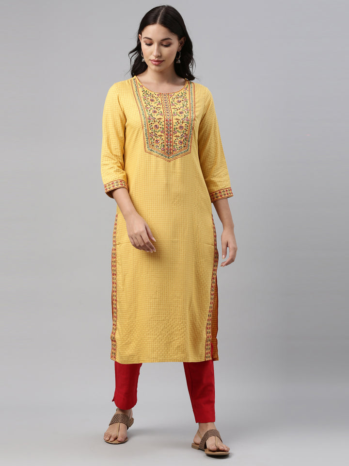 Neerus Women Yellow Red Floral Yoke Design Thread Work Floral Kurta