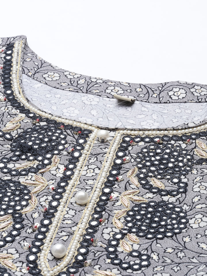 Neerus Grey printed floral kurta set with trousers - detail view 2