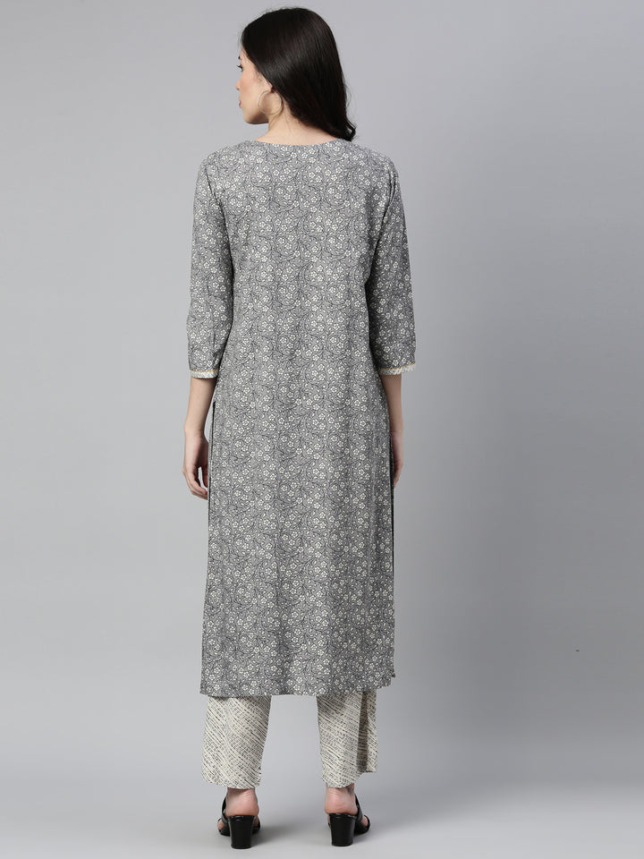 Neerus Grey printed floral kurta set with trousers - detail view 1