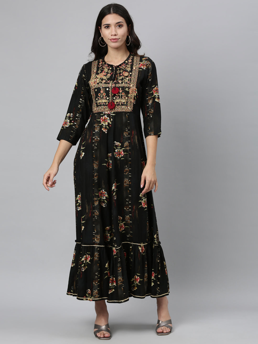 Neerus Black embroidered anarkali kurta floral ethnic motifs - front view