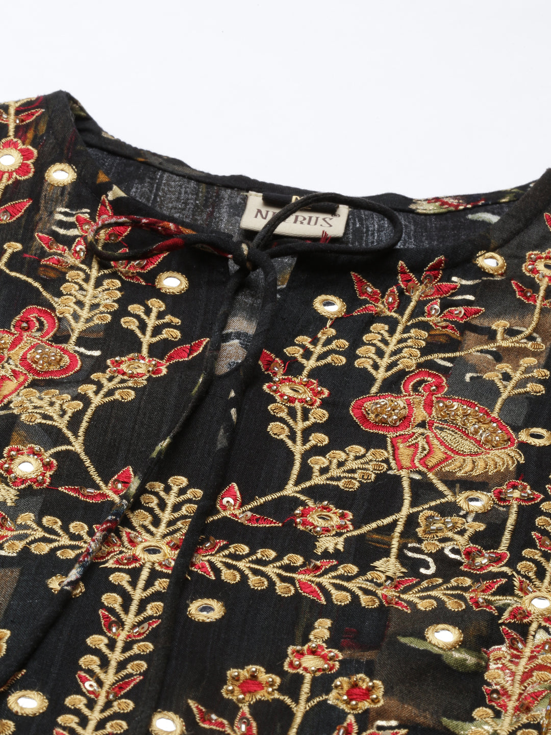 Neerus Black embroidered anarkali kurta floral ethnic motifs - detail view 1
