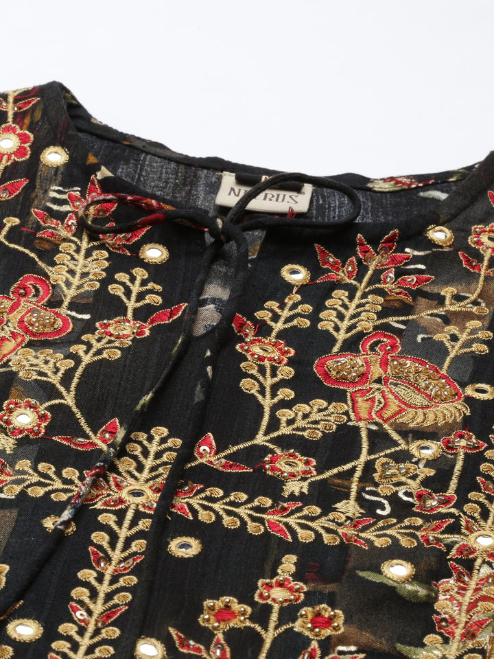 Neerus Black embroidered anarkali kurta floral ethnic motifs - detail view 1