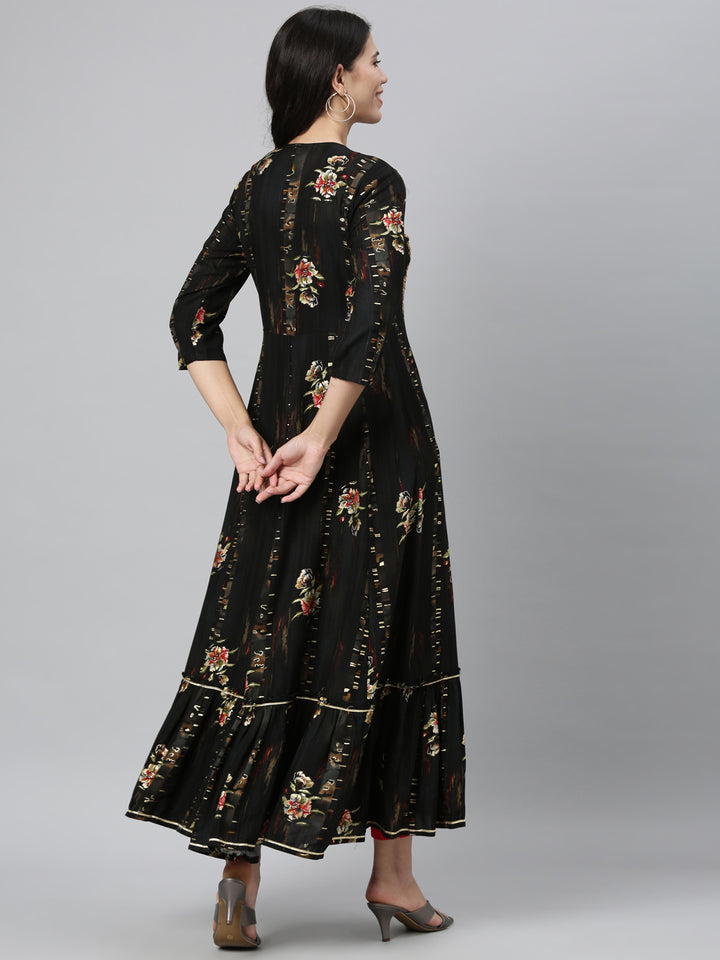 Neerus Black embroidered anarkali kurta floral ethnic motifs - side view