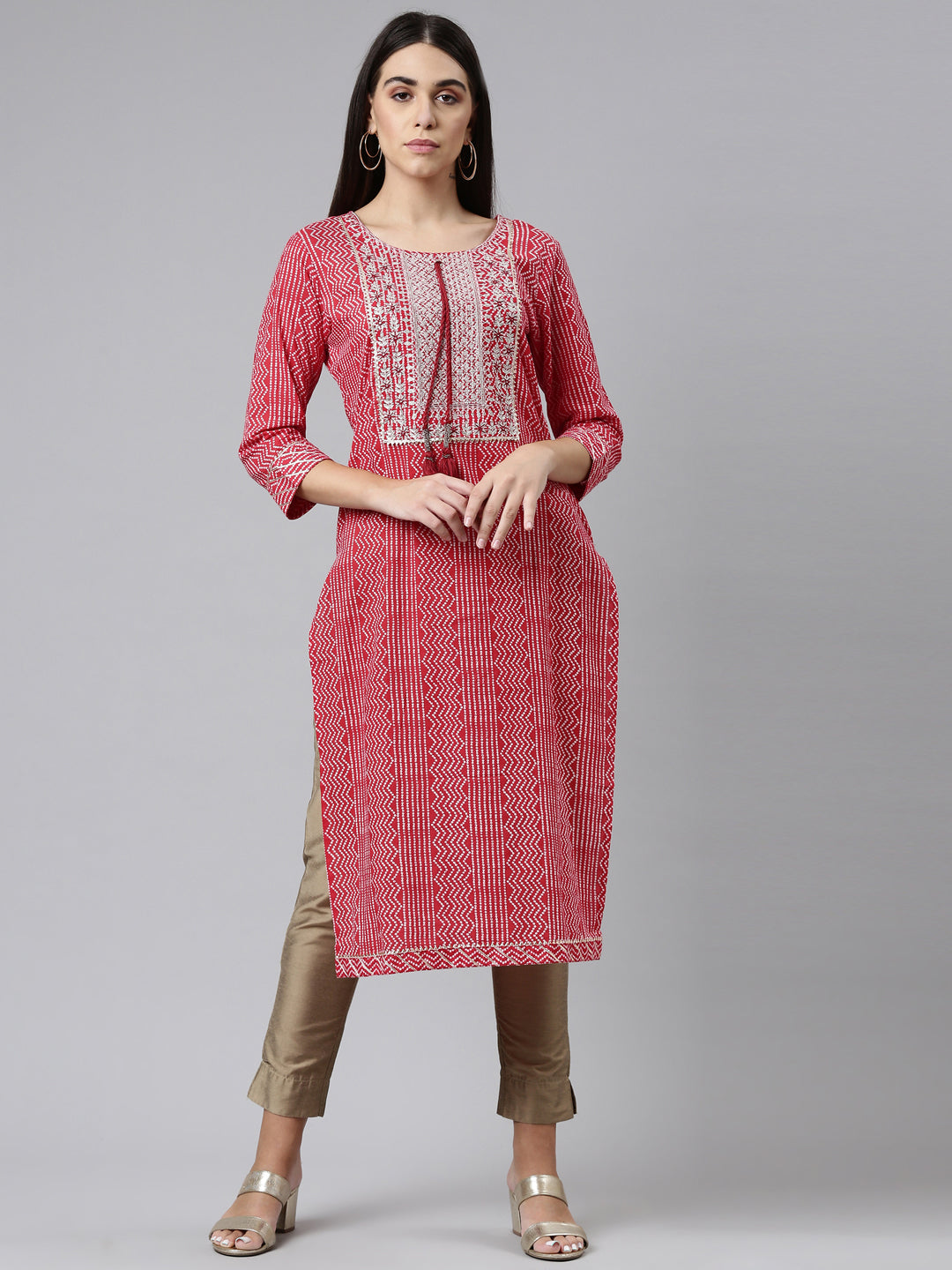 Neerus Red cotton printed kurta ethnic motifs - front view